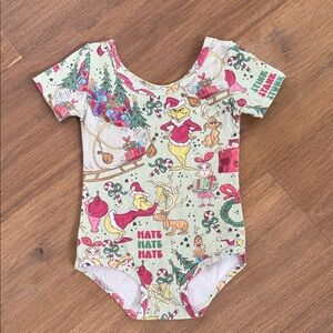 Wild Rich Kids Leotard. Sleeved Leo Gymnastics One Piece with Grinch Print
